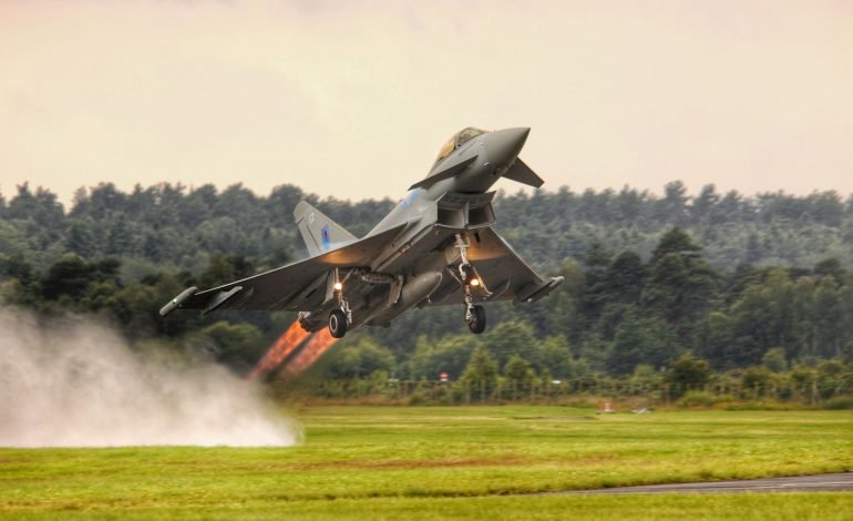 eurofighter typhoon fighter jets taking off well its just the one actually