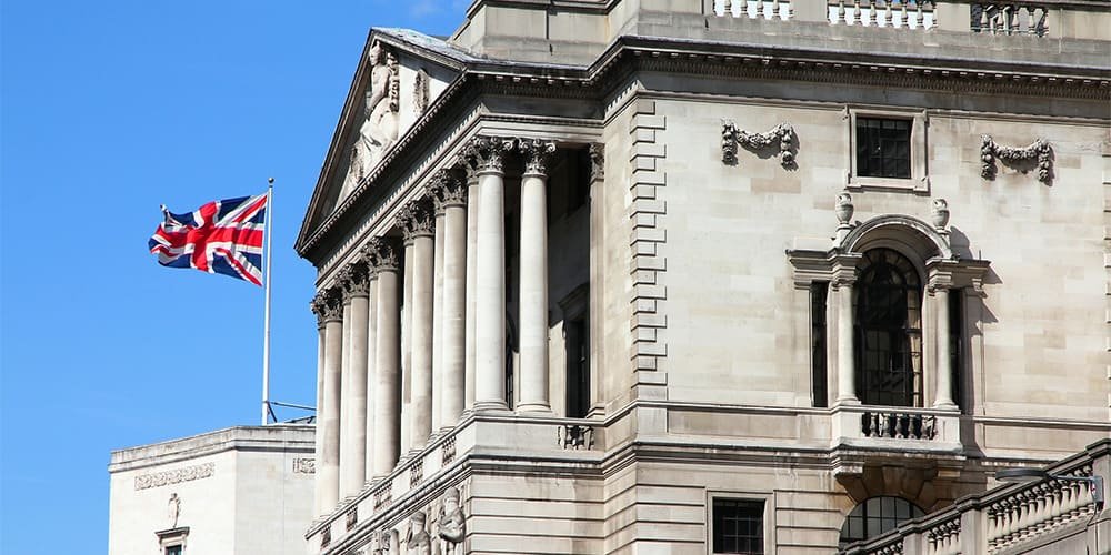 Building the Bank exhibition at the Bank of England Museum — exterior of the Bank on Threadneedle Street with Union Jack flag