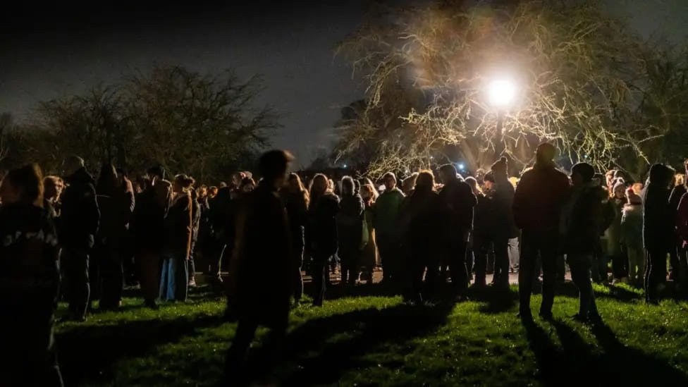 Crowds on Primrose Hill for New Year’s Eve fireworks at night — Primrose Hill New Year’s Eve fireworks crowds, now cancelled due to safety closure.