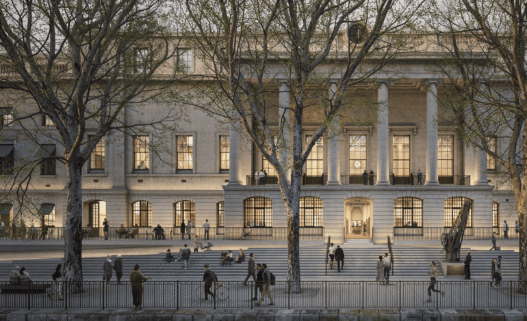 Custom House hotel conversion CGI of the Grade I listed Thames landmark on Lower Thames Street with new quayside steps and 24:7 riverside public space