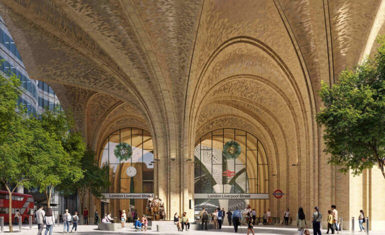 Liverpool Street station redevelopment design showing new Hope Square entrance with Victorian style arches and modern passenger access