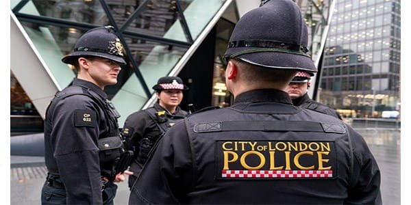Salisbury Square justice quarter, City of London Police officers on patrol in the Square Mile
