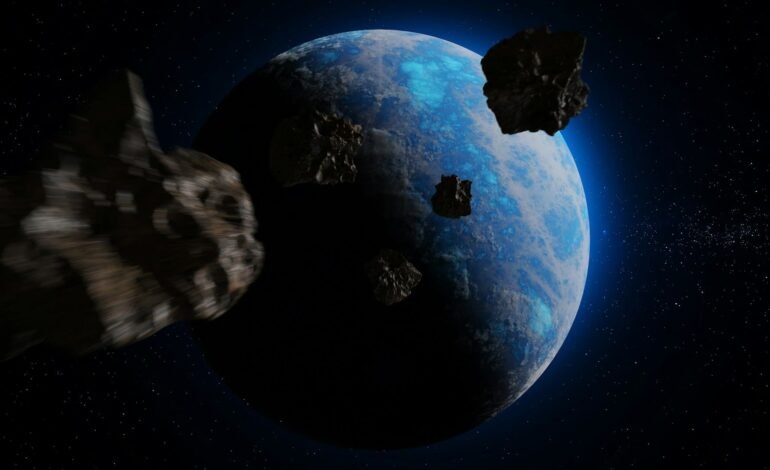 rendering of asteroids on a collision course with a cloudy blue planet