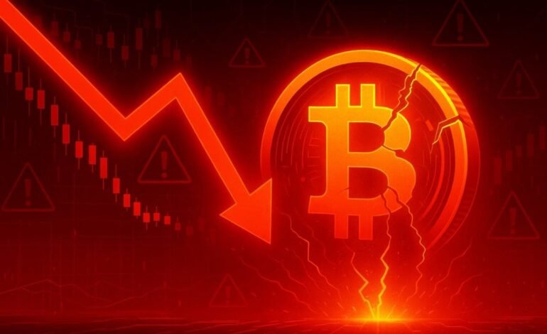 Bitcoin price drop shown with a cracked bitcoin symbol and red downward arrow during market sell off.