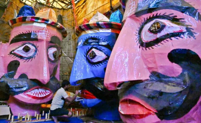 Dussehra 2025 celebrations with artisans preparing giant Ravana effigies for Vijayadashami Ravana Dahan