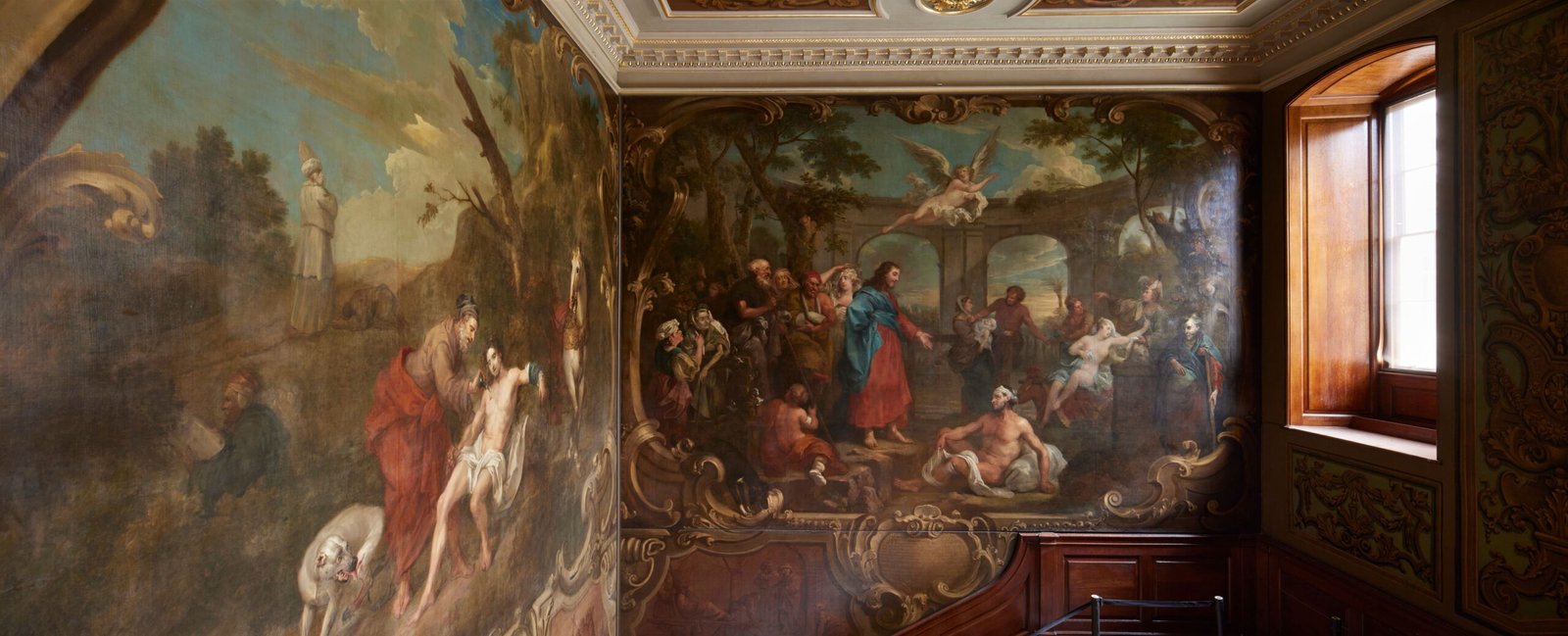 Hogarth Barts Great Hall staircase wall paintings depicting The Pool at Bethesda and The Good Samaritan at St Bartholomew’s Hospital, Smithfield, London.