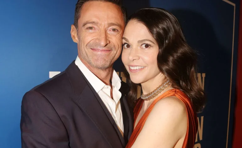 Hugh Jackman and Sutton Foster on the red carpet at Song Song Blue premiere in Los Angeles.
