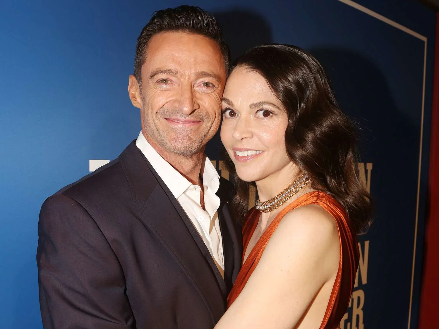 Hugh Jackman and Sutton Foster on the red carpet at Song Song Blue premiere in Los Angeles.