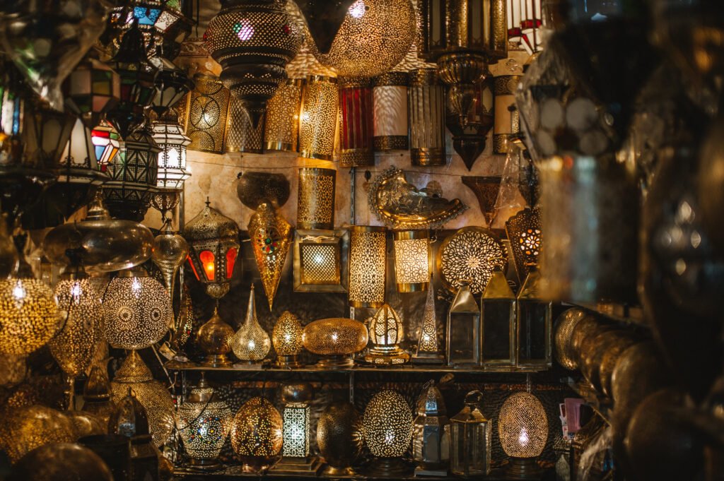 Intricately crafted brass and glass lanterns in a Marrakech souk — a vibrant reminder of Morocco’s living artisan traditions.
