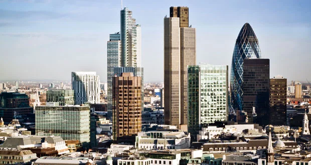 Square Mile net zero City of London skyline with the Gherkin and neighbouring skyscrapers