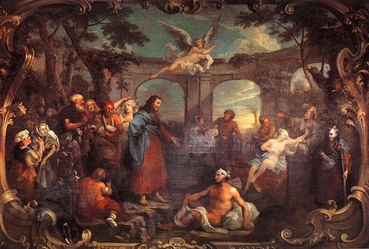 The Pool of Bethesda (1736) by William Hogarth, one of two monumental murals on the Hogarth Stair at St Bartholomew’s Hospital in the Square Mile, now viewable after the North Wing restoration.