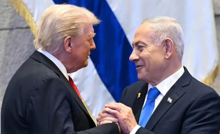 Trump Gaza ceasefire address handshake with Netanyahu at the Knesset in Jerusalem.