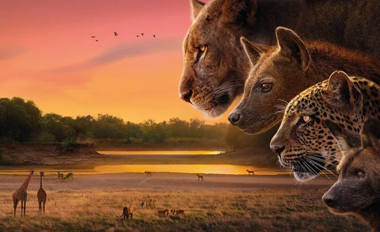 David Attenborough Kingdom – lions, hyenas and a leopard at dusk beside a river in Zambia’s Luangwa Valley.