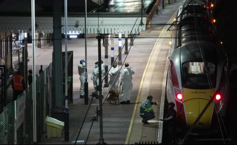 Forensic officers at Huntingdon station following the train stabbing on Doncaster to London service.