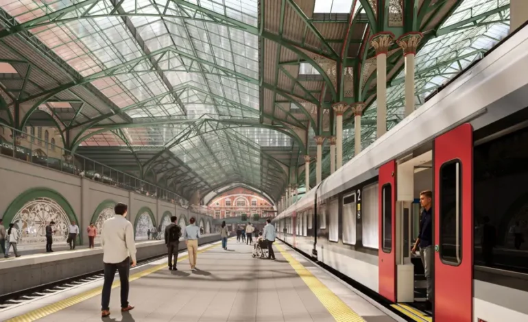 Liverpool Street redevelopment – visual of the redesigned station platform showing new glass roof and modern train.