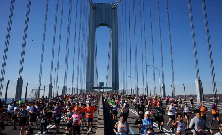 Runners crossing the Verrazzano Narrows Bridge at the start of the New York City Marathon 2025.