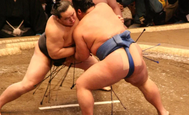 Sumo ring ban — wrestlers grappling inside the dohyo during a tournament in Japan.