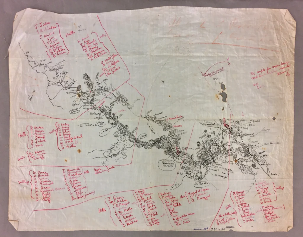 A coloured sketch map created by Lawrence of Arabia showing his journey from the Red Sea coast to the Hejaz Railway, after coordinating a sabotage mission on the railway (WOMAT RAS ARA 29)jpg copy