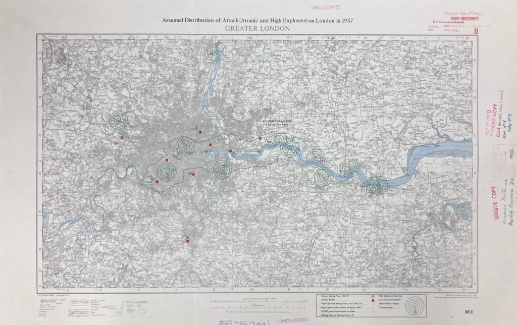 A map from 1949 showing impact of a potential atomic and high explosive attack on London