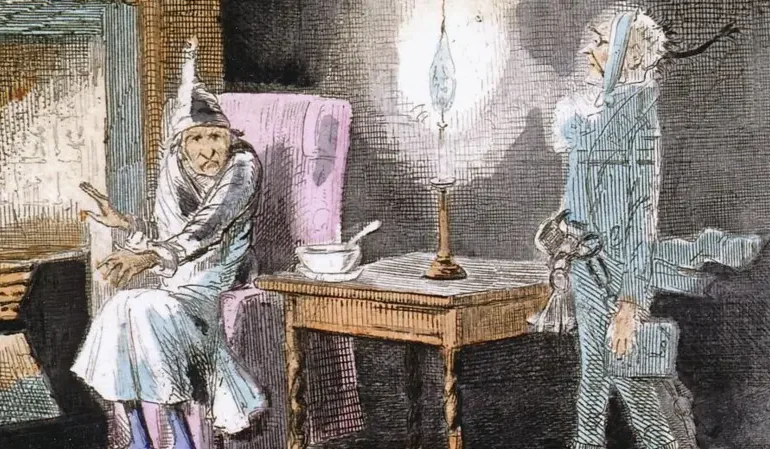 Dickens and Christmas illustrated in a Victorian scene from A Christmas Carol, showing Ebenezer Scrooge confronted by the ghosts of Christmas