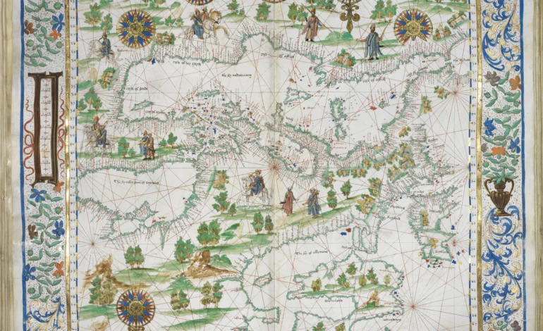 Secret Maps exhibition sixteenth century John Rotz atlas showing early European navigation lines, decorative compass roses and illustrated figures across the Mediterranean