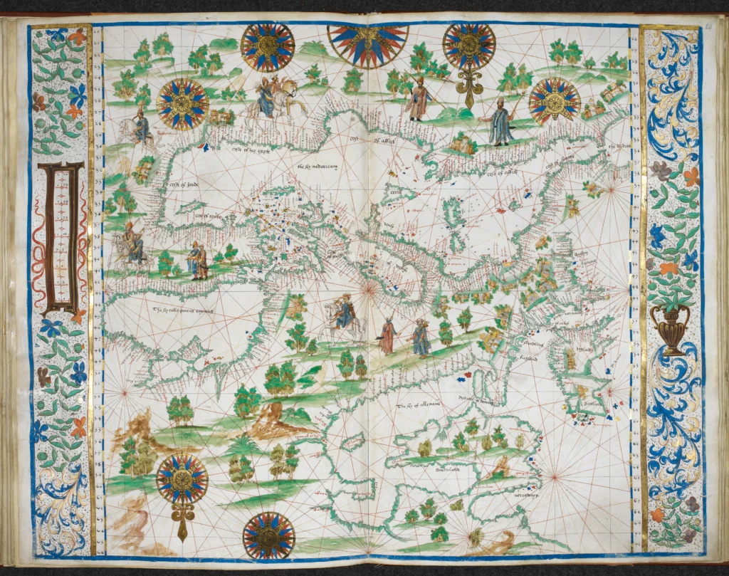 10.A page from an atlas created by John Rotz, a Franco Scottish mapmaker and secret agent, in around 1542. (The Boke of Idrography f.19 f.20)