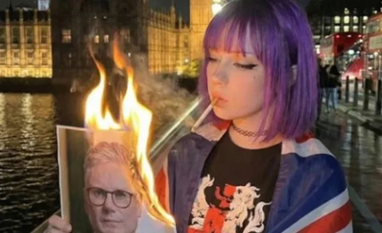 Amelia AI meme depicting a purple haired fictional schoolgirl holding a burning image while standing near the Houses of Parliament