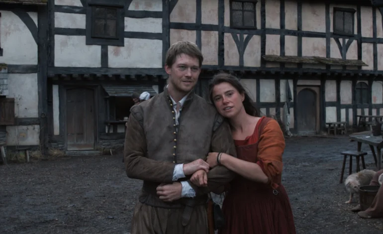 Hamnet film scene showing Agnes and William Shakespeare outside their Stratford home, capturing intimacy before loss © Sony Pictures