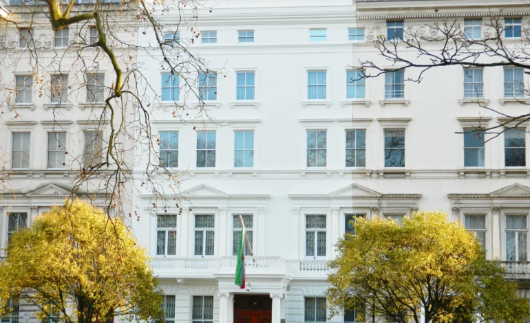 Iranian embassy protest in Kensington outside the embassy building on Kensington Road