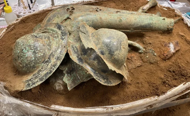 Iron Age hoard discovered in Norfolk showing rare Celtic carnyx trumpet during conservation