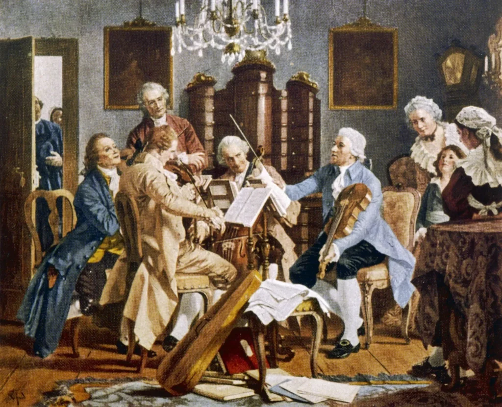 Joseph Haydn performing a string quartet in an 18th century salon during a winter evening copy