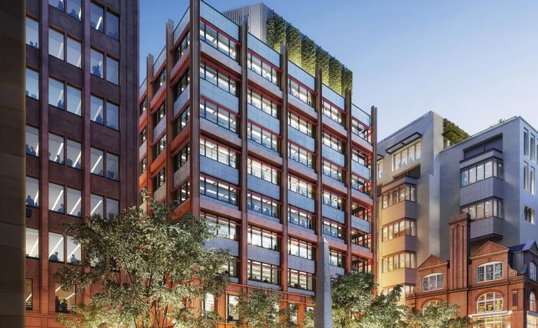 Salisbury Square police headquarters under construction in the City of London as the new complex reaches topping out stage