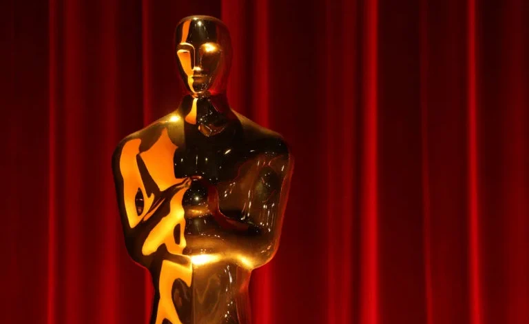 The Oscar statuette on stage as the Oscar nominations 2026 are announced