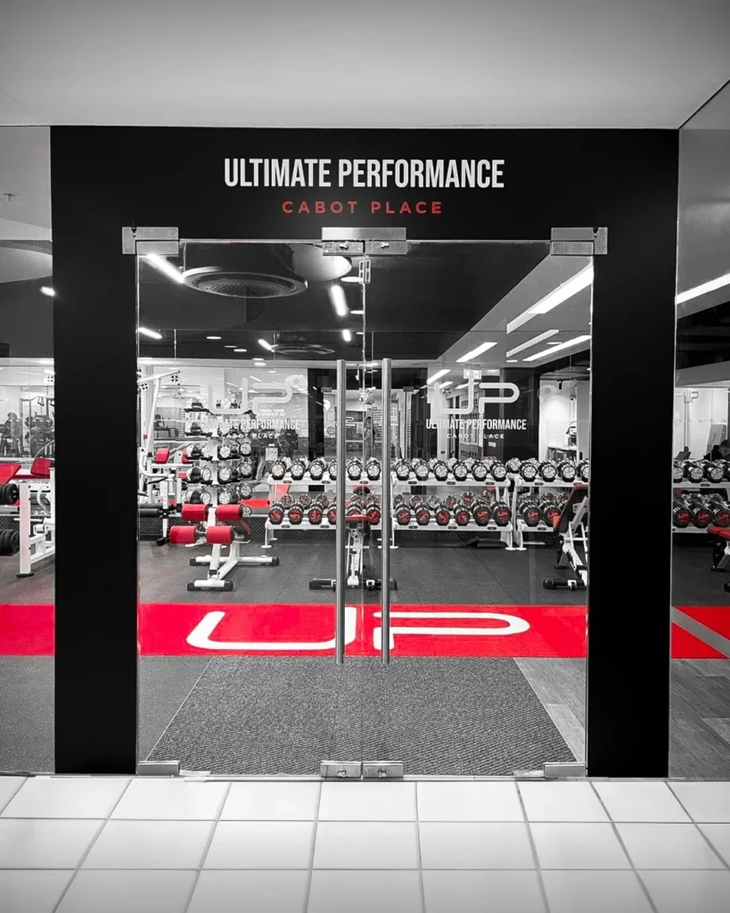 Entrance to Ultimate Performance’s Cabot Place gym in Canary Wharf.