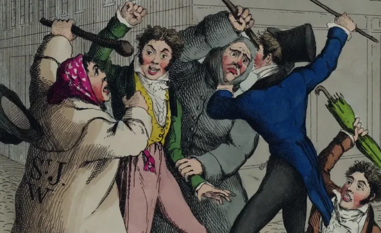 Illustration depicting public disorder and street violence featured in the Londoners on Trial exhibition at The London Archives