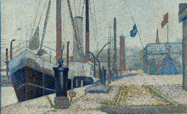 Seurat and the Sea painting La Maria at Honfleur 1886 showing pointillist harbour scene with moored ship and flags