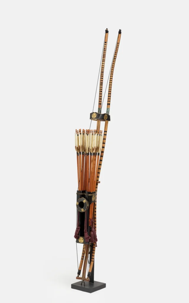 A complete set of samurai archery equipment highlights the importance of the bow as a primary weapon in mounted combat.