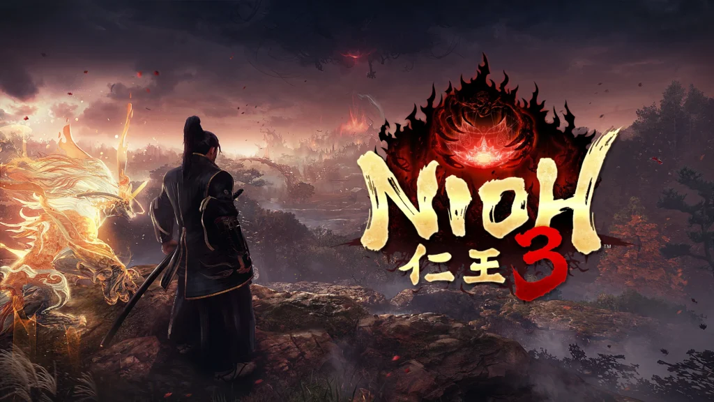 A stylised warrior stands overlooking a mythic landscape in Nioh 3, drawing on samurai imagery shaped by legend and popular culture.