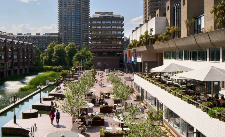 Barbican Centre lakeside terrace in London as the Barbican Renewal Programme receives planning approval