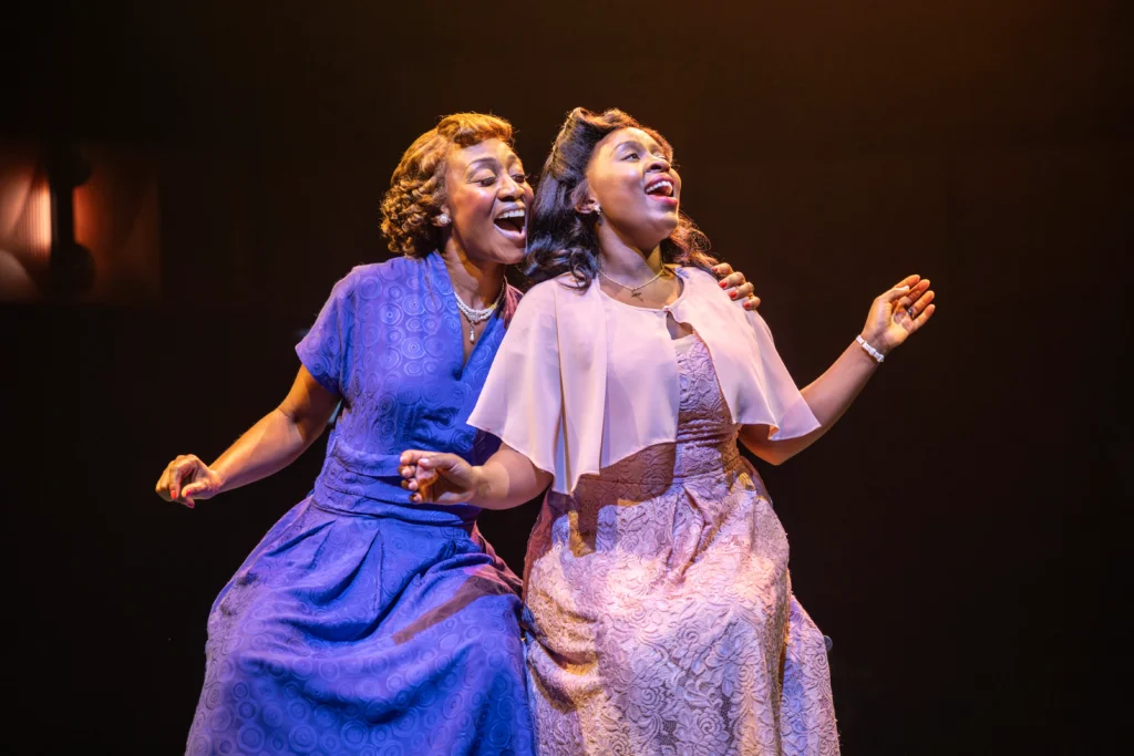 Beverley Knight as Sister Rosetta Tharpe with Ntombizodwa Ndlovu as Marie Knight in Marie and Rosetta at Soho Place. Image credit Johan Persson