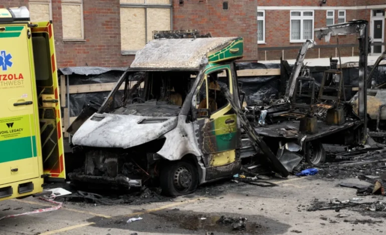 Golders Green ambulance arson aftermath showing burnt Hatzola vehicles outside synagogue
