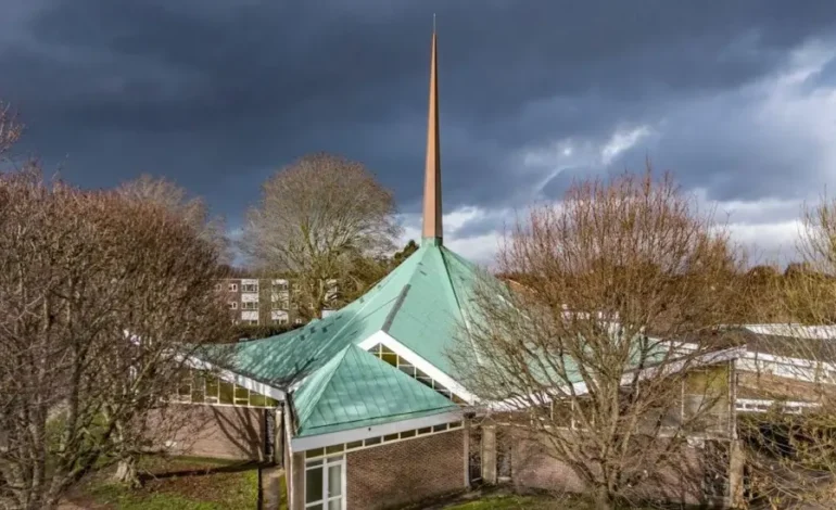 London heritage funding repairs at St Richard’s Church showing distinctive modernist roof and spire