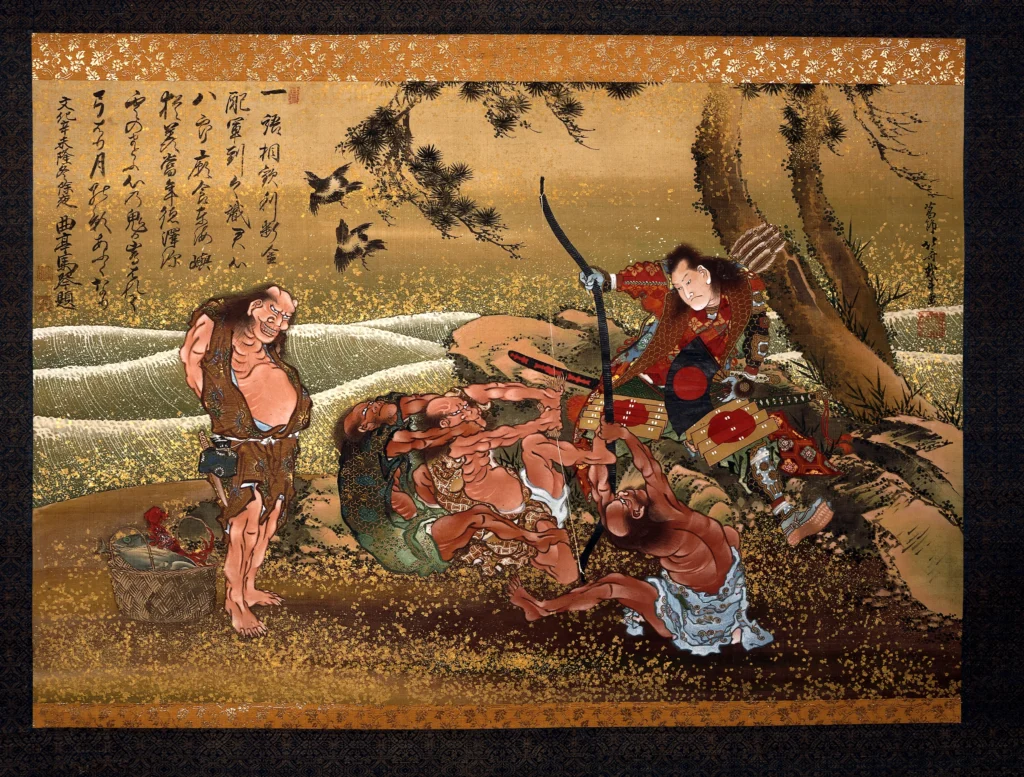 Minamoto no Tametomo battles mythical figures in this dramatic scene by Katsushika Hokusai, combining history with legend in samurai storytelling. © The Trustees of the British Museum