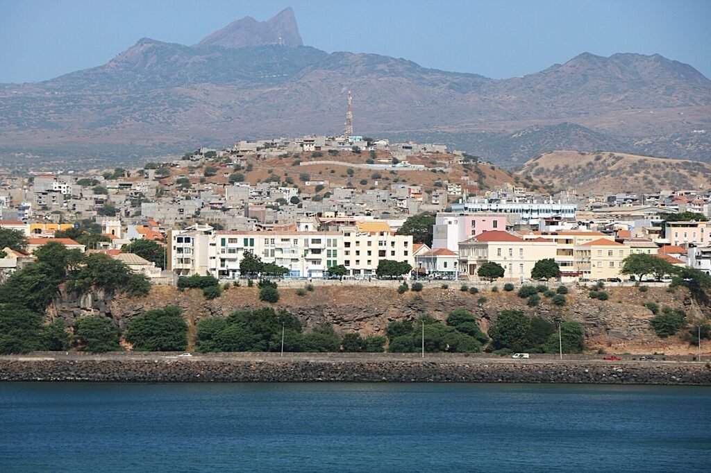 Praia, the capital of Cape Verde, where the city rises from the shoreline into the surrounding hills.