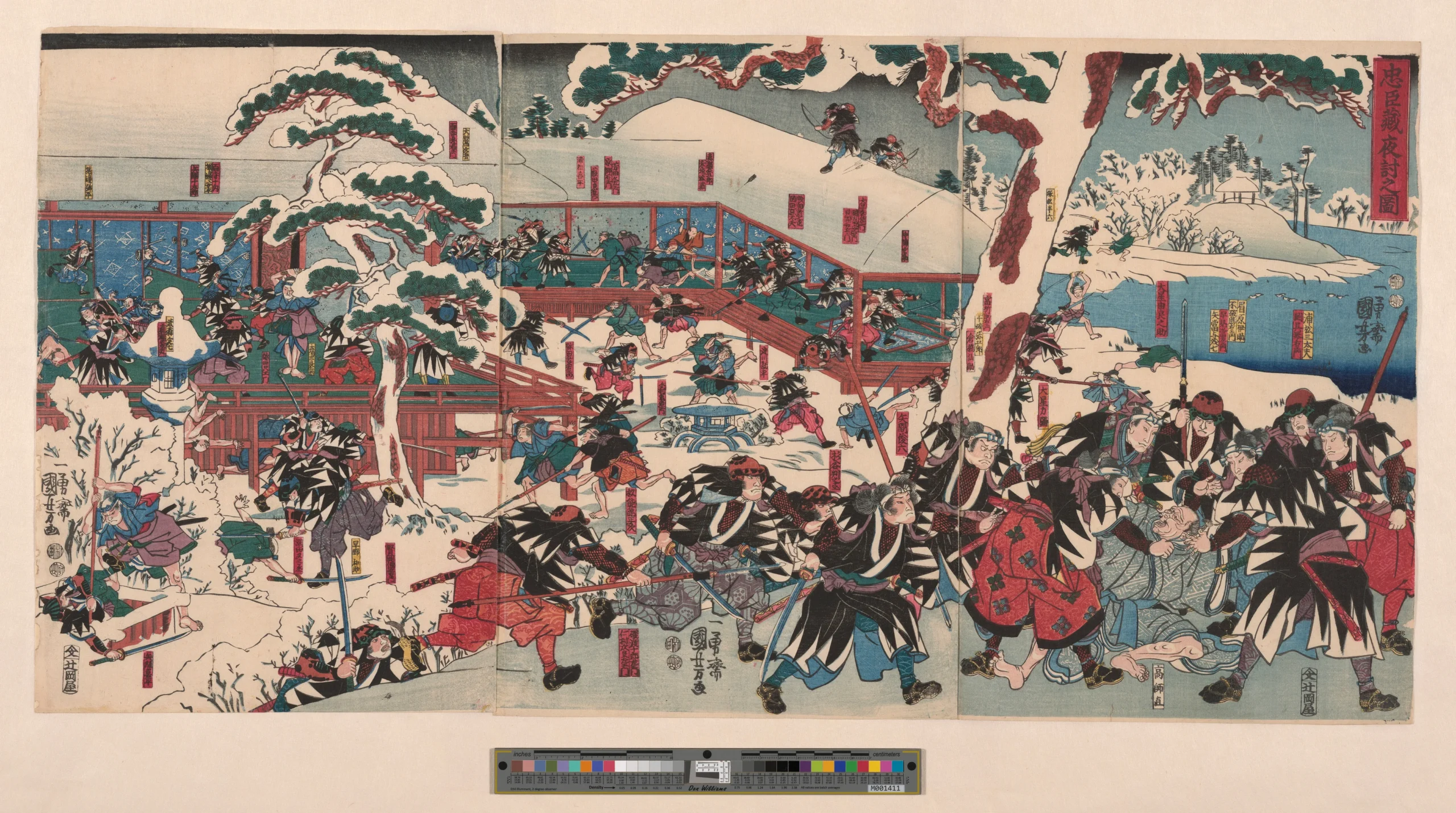 Samurai exhibition British Museum print showing night attack scene by Utagawa Kuniyoshi with warriors in snow © The Trustees of the British Museum