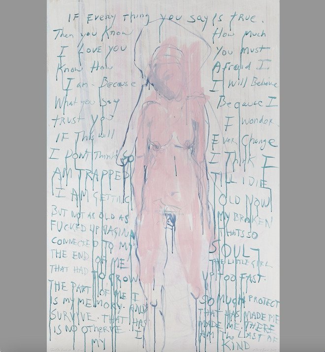 Tracey Emin, If Everything You Say Is True, 2018. Acrylic and ink on canvas with handwritten text. Installation view, Tate
