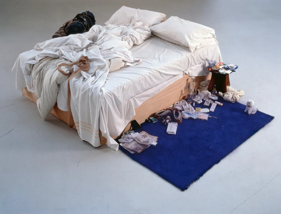 Tracey Emin, My Bed, 1998. Mattress, bed linen and personal objects. Installation view, Tate.