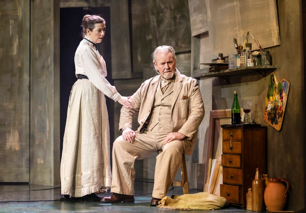 Camille (Natalie Day) tends to the older Monet (Jeff Shankley) in a quieter moment from A Mirrored Monet at Charing Cross Theatre.