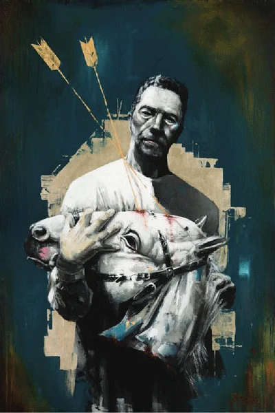 “Peter”, an early work by Thomas D Wright, shows a decapitated horse’s head carried with care, balancing violence and tenderness in a single image. 0000