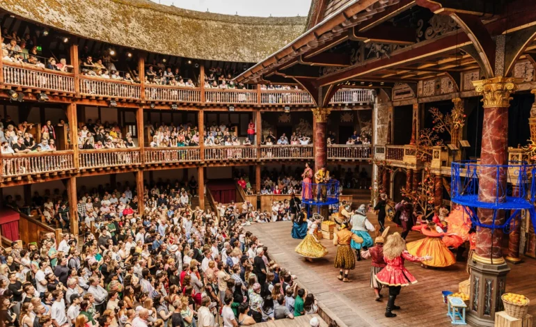 Shakespeare’s Globe open air theatre UK performance audience watching Much Ado About Nothing London. Farelight Production